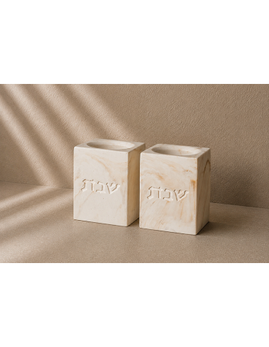 Paire de bougeoirs Chabbat Cube Grand Modèle effet marbre en plâtre