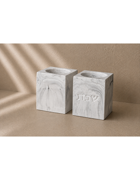 Paire de bougeoirs Chabbat Cube Grand Modèle effet marbre en plâtre