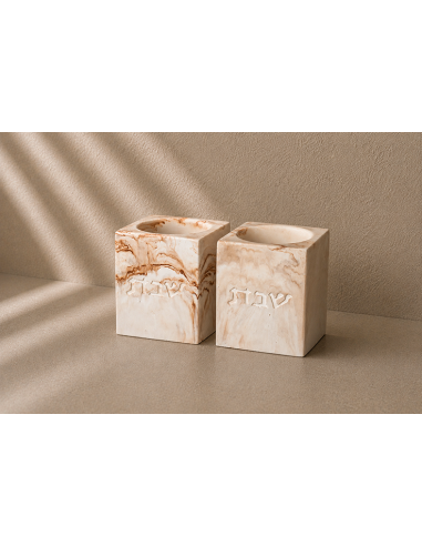 Paire de bougeoirs Chabbat Cube Grand Modèle effet marbre en plâtre