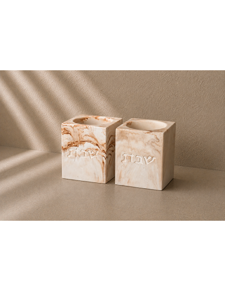 Paire de bougeoirs Chabbat Cube Grand Modèle effet marbre en plâtre